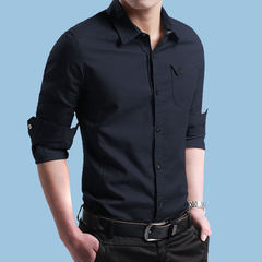 Men's shirts, men's long sleeves, Korean clothes, self cultivation, handsome, leisure, autumn denim, cashmere shirt, men's wear 3XL Dark blue