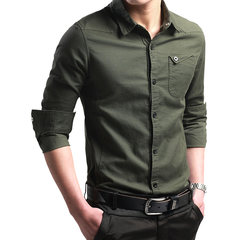 Men's shirts, men's long sleeves, Korean clothes, self cultivation, handsome, leisure, autumn denim, cashmere shirt, men's wear 3XL Army green
