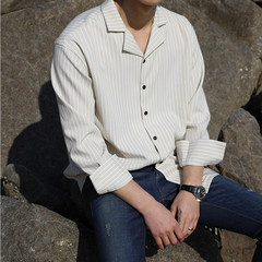 @ eighth stores Korean striped shirt style leisure Hong Kong young men all-match shirt shirt tide M Khaki white