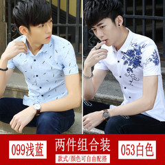 Short sleeved shirt male thin slim casual summer Korean youth tide half sleeve shirt - breathable shirt 3XL 099 +053 white light blue