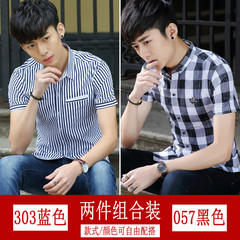 Short sleeved shirt male thin slim casual summer Korean youth tide half sleeve shirt - breathable shirt 3XL 303 blue +057 black