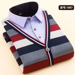 Winter Plush thickening shirt, men's long sleeve head, false two stripe printed Korean style casual shirt 3XL 1987 warm love brand