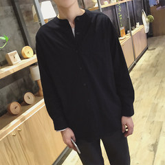 The trend of small fresh men's casual Linen Shirt Lapel loose solid all-match seven sleeve jacket. 3XL Black long sleeve