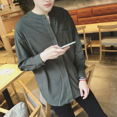 The trend of small fresh men's casual Linen Shirt Lapel loose solid all-match seven sleeve jacket. 3XL Green long sleeves