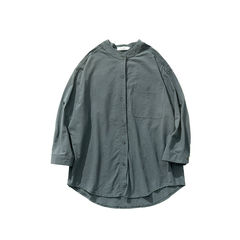 The trend of small fresh men's casual Linen Shirt Lapel loose solid all-match seven sleeve jacket. 3XL Blackish green