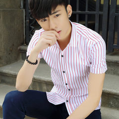 Summer fashion men's short sleeve shirt, youth fashion inch shirt, self cultivation Korean version printed casual half sleeve shirt 185=3XL (less than 165 Jin) 096 stripe red