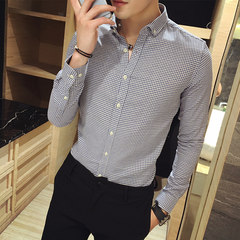In the autumn of 2017 Korean men slim iron shirt trend of casual Plaid Shirt young business shirt 3XL C680- blue long sleeves