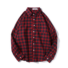 Japanese men fall all-match simple Plaid Shirt sleeved loose thin all-match leisure LAPEL SUIT tide S gules