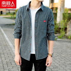 Nanjiren cotton plaid shirt male long sleeved autumn Korean cultivating youth arts leisure clothing students tide " S Tibet Navy