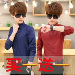 男士衬衫长袖修身型韩版夜店帅气潮流个性白寸衫韩国青年百搭衬衣 S 深蓝色+红衬衫
