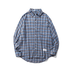 In the autumn of 2017 New Retro all-match Plaid collar shirt sleeved loose shirt mens fashion trends M blue