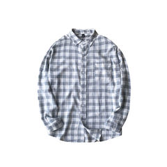 Korean men's long sleeve shirt sleeves, small and fresh lapel, simple youth casual Lapel Plaid Shirt tide S Blue