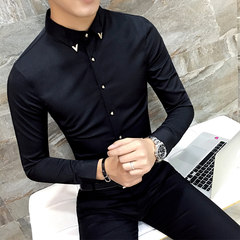 Men's warm shirt, men's long sleeves and thick wool, winter Korean shirts, self cultivation trend, handsome shirt students M Black single paragraph