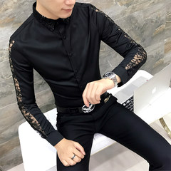 Autumn cashmere Mens Long Sleeve Shirt with floral youth slim fashion stylist Han wind shirt clothing trend 3XL H204 black