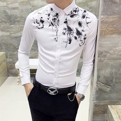 Autumn cashmere Mens Long Sleeve Shirt with floral youth slim fashion stylist Han wind shirt clothing trend 3XL H217 white