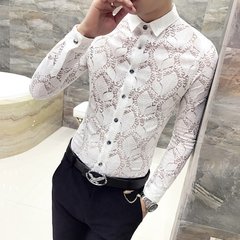 Autumn cashmere Mens Long Sleeve Shirt with floral youth slim fashion stylist Han wind shirt clothing trend 3XL H224 white