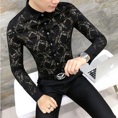 Autumn cashmere Mens Long Sleeve Shirt with floral youth slim fashion stylist Han wind shirt clothing trend 3XL H224 black