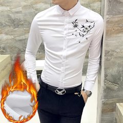 Autumn cashmere Mens Long Sleeve Shirt with floral youth slim fashion stylist Han wind shirt clothing trend 3XL H271 white