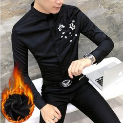 Autumn cashmere Mens Long Sleeve Shirt with floral youth slim fashion stylist Han wind shirt clothing trend 3XL H271 black
