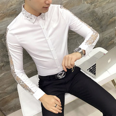 Autumn cashmere Mens Long Sleeve Shirt with floral youth slim fashion stylist Han wind shirt clothing trend 3XL H204 white