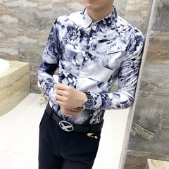 Autumn cashmere Mens Long Sleeve Shirt with floral youth slim fashion stylist Han wind shirt clothing trend 3XL H240 graph color