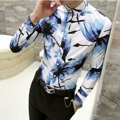 Autumn cashmere Mens Long Sleeve Shirt with floral youth slim fashion stylist Han wind shirt clothing trend 3XL H223 Aqua