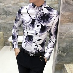 Autumn cashmere Mens Long Sleeve Shirt with floral youth slim fashion stylist Han wind shirt clothing trend 3XL H223 soot