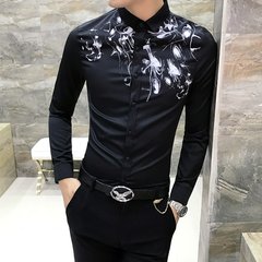 Autumn cashmere Mens Long Sleeve Shirt with floral youth slim fashion stylist Han wind shirt clothing trend 3XL H217 black