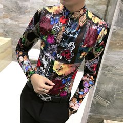 Autumn cashmere Mens Long Sleeve Shirt with floral youth slim fashion stylist Han wind shirt clothing trend 3XL H249 graph color