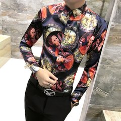 Autumn cashmere Mens Long Sleeve Shirt with floral youth slim fashion stylist Han wind shirt clothing trend 3XL H253 graph color
