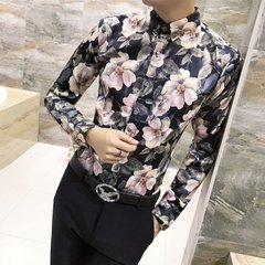 Autumn cashmere Mens Long Sleeve Shirt with floral youth slim fashion stylist Han wind shirt clothing trend 3XL H244 graph color