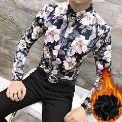 Autumn cashmere Mens Long Sleeve Shirt with floral youth slim fashion stylist Han wind shirt clothing trend 3XL H282 velvet