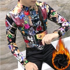Autumn cashmere Mens Long Sleeve Shirt with floral youth slim fashion stylist Han wind shirt clothing trend 3XL H283 velvet