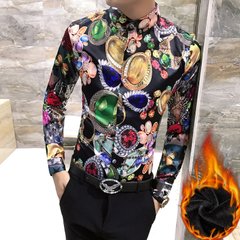 Autumn cashmere Mens Long Sleeve Shirt with floral youth slim fashion stylist Han wind shirt clothing trend 3XL H281 velvet