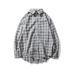 ROCKY home made Korean long sleeve color matching plaid shirt, men's autumn casual shirt lovers tide coat M gray
