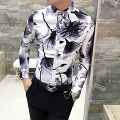2017 autumn British thin men's personality printed long sleeved shirt, pattern hair stylist, Korean version of self-cultivation shirt 3XL H223- black