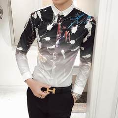 2017 autumn British thin men's personality printed long sleeved shirt, pattern hair stylist, Korean version of self-cultivation shirt 3XL 1701- white