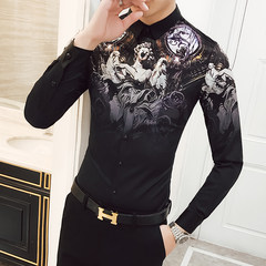 2017 autumn British thin men's personality printed long sleeved shirt, pattern hair stylist, Korean version of self-cultivation shirt 3XL 1706- black