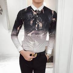 2017秋季英伦薄款男士个性印花长袖衬衫图案发型师韩版修身衬衣 3XL 白色