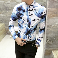 2017 autumn British thin men's personality printed long sleeved shirt, pattern hair stylist, Korean version of self-cultivation shirt 3XL blue