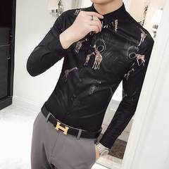 2017 autumn British thin men's personality printed long sleeved shirt, pattern hair stylist, Korean version of self-cultivation shirt 3XL black