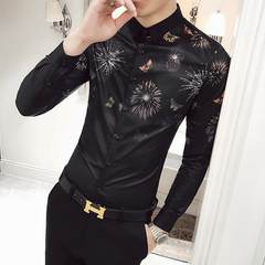 2017 autumn British thin men's personality printed long sleeved shirt, pattern hair stylist, Korean version of self-cultivation shirt 3XL 1703- black
