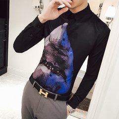 2017 autumn British thin men's personality printed long sleeved shirt, pattern hair stylist, Korean version of self-cultivation shirt 3XL 1718- black
