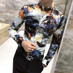2017 autumn British thin men's personality printed long sleeved shirt, pattern hair stylist, Korean version of self-cultivation shirt 3XL H250- graph color
