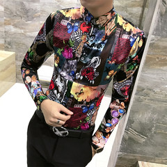 2017 autumn British thin men's personality printed long sleeved shirt, pattern hair stylist, Korean version of self-cultivation shirt 3XL H249- graph color