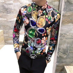2017 autumn British thin men's personality printed long sleeved shirt, pattern hair stylist, Korean version of self-cultivation shirt 3XL H242- graph color