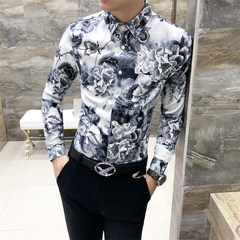2017 autumn British thin men's personality printed long sleeved shirt, pattern hair stylist, Korean version of self-cultivation shirt 3XL H233- graph color