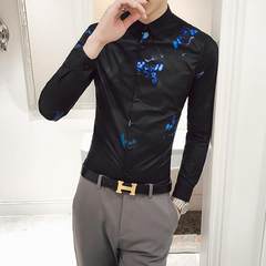 2017秋季英伦薄款男士个性印花长袖衬衫图案发型师韩版修身衬衣 3XL 1702-黑色
