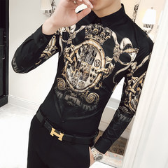 2017 autumn British thin men's personality printed long sleeved shirt, pattern hair stylist, Korean version of self-cultivation shirt 3XL 1709- black