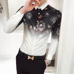 2017 autumn British thin men's personality printed long sleeved shirt, pattern hair stylist, Korean version of self-cultivation shirt 3XL 1703- white